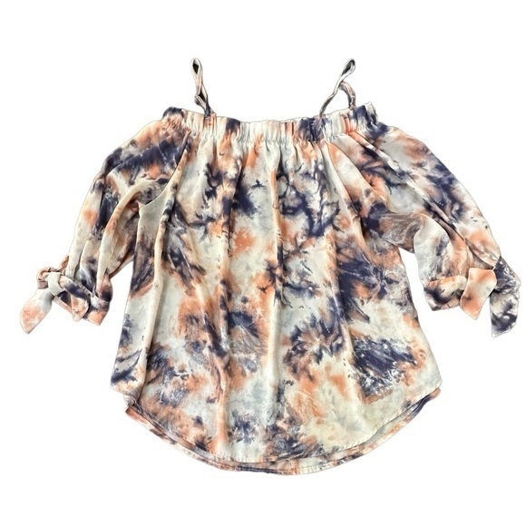 Love Streak Open Shoulder Tie Dye Abstract Navy Blue Coral Flowy Blouse … - Picture 1 of 9
